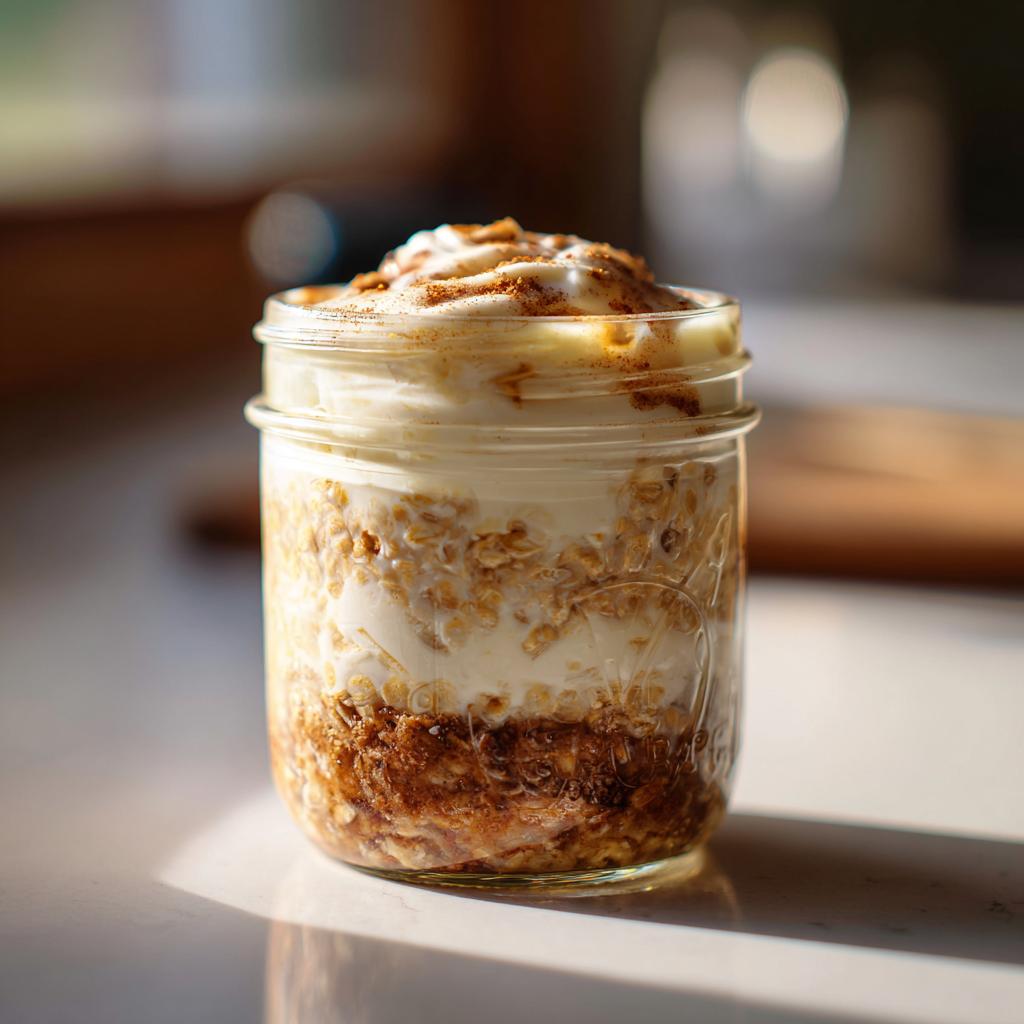 Close-up of cinnamon roll overnight oats in a mason jar, layered with oats, cream, and cinnamon.