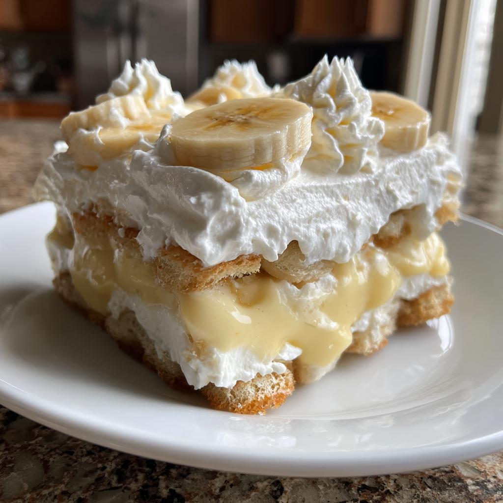A slice of classic banana pudding with layers of vanilla wafers, creamy pudding, and homemade whipped cream, topped with fresh banana slices.
