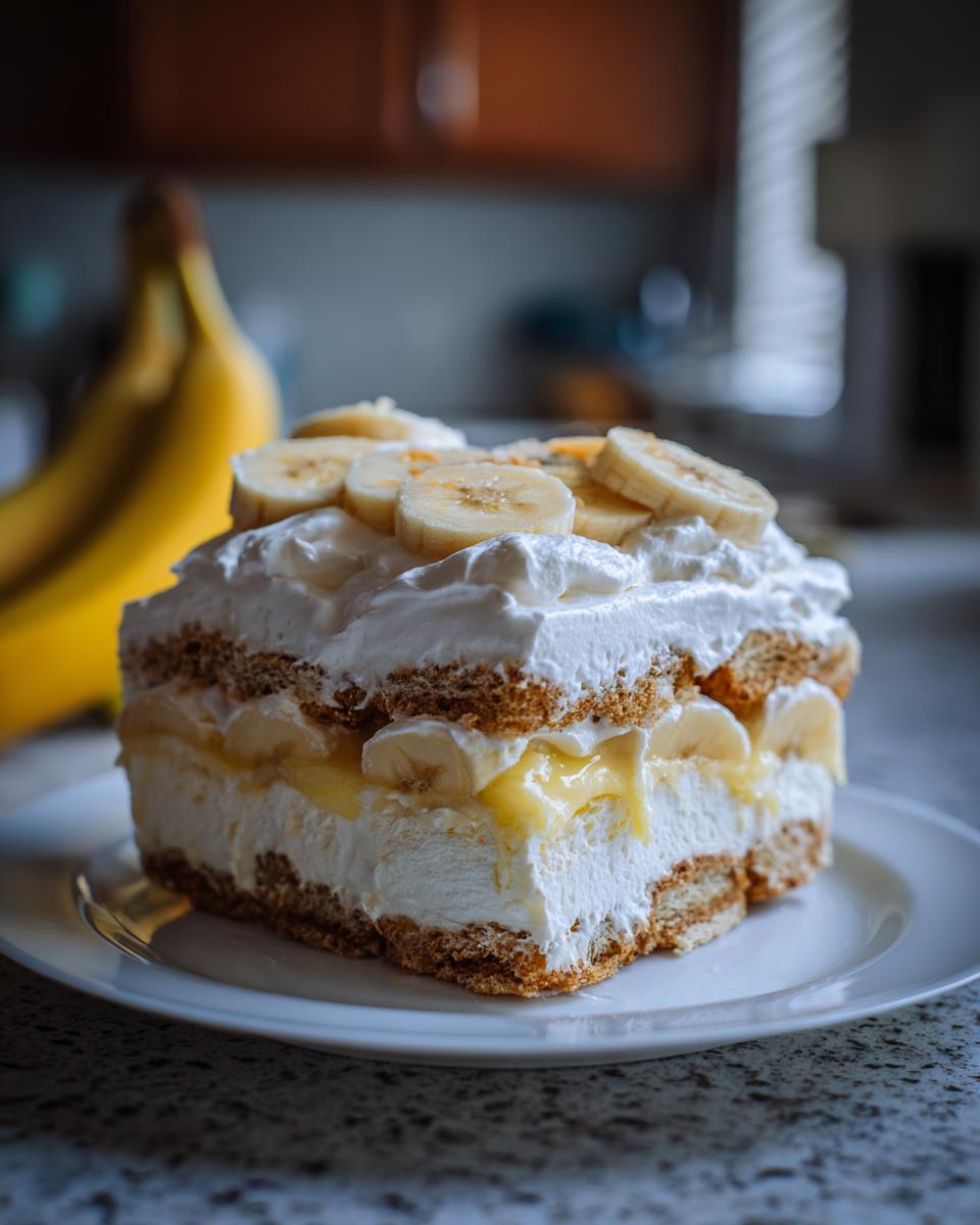 A slice of classic banana pudding with homemade whipped cream, layered with cookies and fresh banana slices.