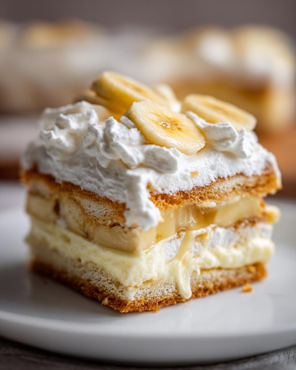 A slice of classic banana pudding with layers of vanilla wafers, creamy pudding, bananas, and homemade whipped cream, topped with banana slices.