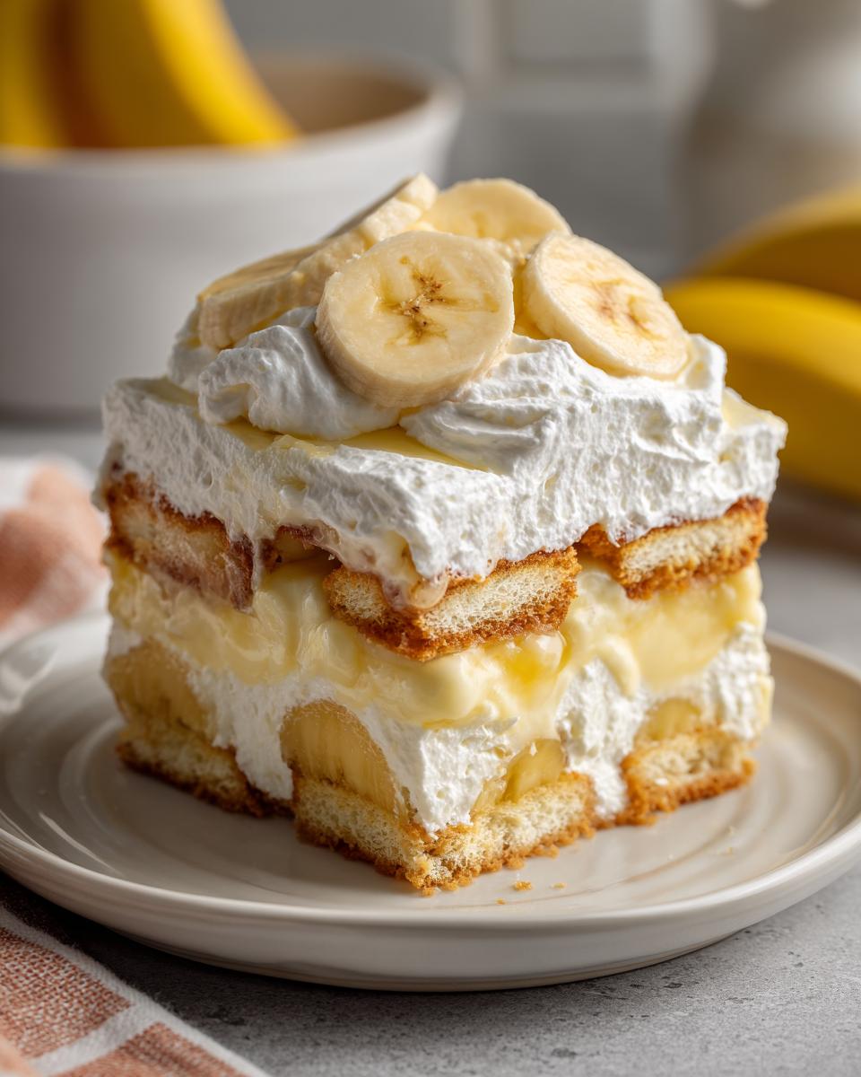 A decadent slice of classic banana pudding with homemade whipped cream and fresh banana slices.
