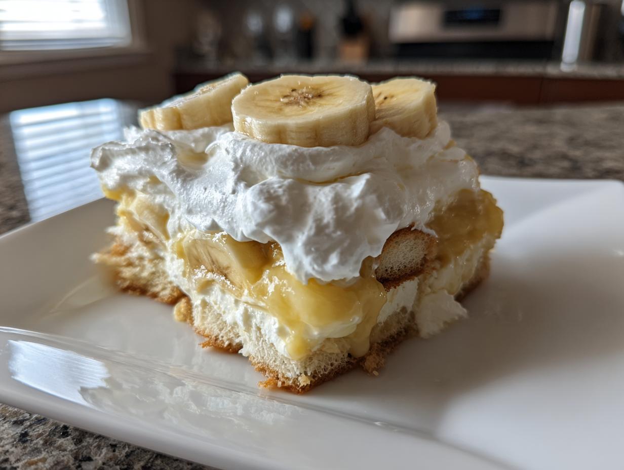 A slice of classic banana pudding with layers of vanilla wafers, creamy pudding, fresh bananas, and homemade whipped cream, topped with banana slices.