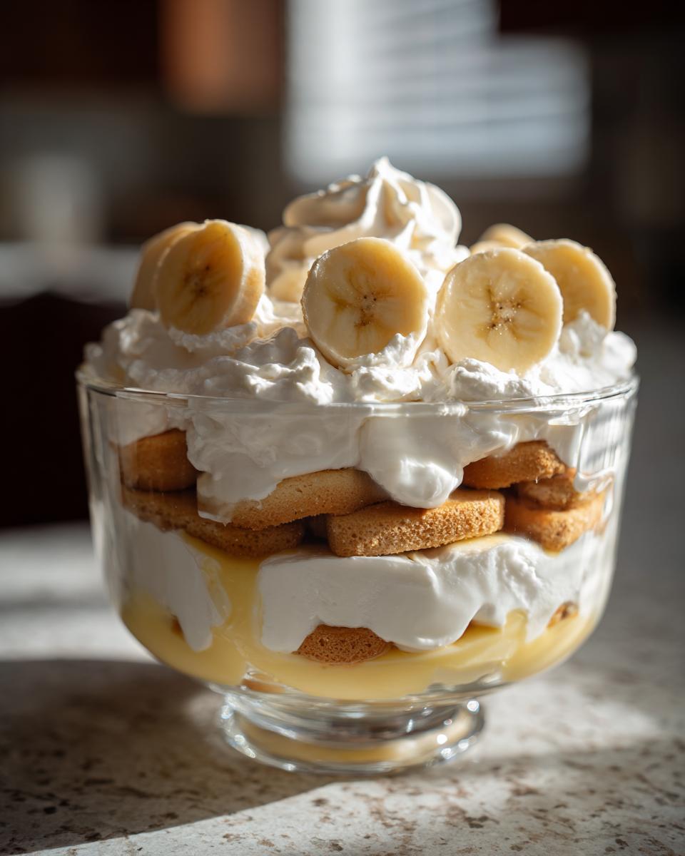 A beautiful trifle dish filled with layers of classic banana pudding, vanilla wafers, and homemade whipped cream, topped with fresh banana slices.