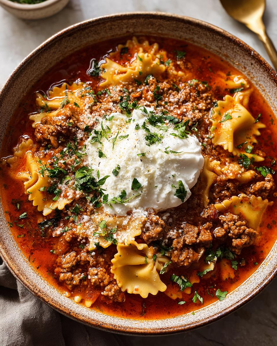 A hearty bowl of Classic Lasagna Soup With Extra Comfort, featuring pasta, rich tomato broth, ground meat, and a dollop of ricotta cheese.