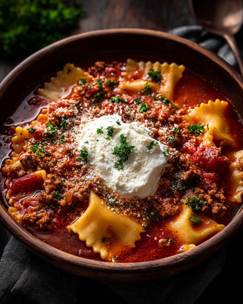 A bowl of Classic Lasagna Soup With Extra Comfort, featuring ravioli, rich tomato sauce, ground meat, and a dollop of ricotta cheese.