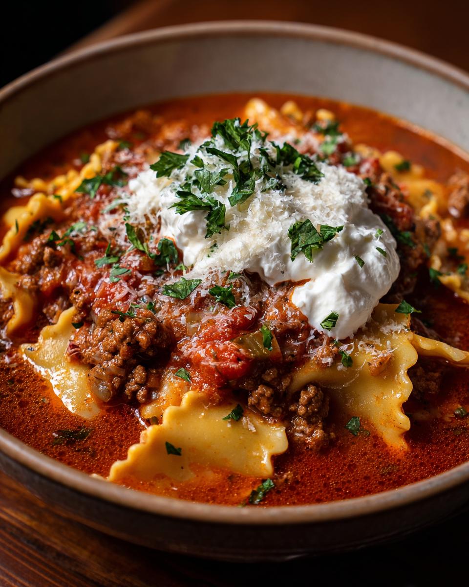 A close-up of a hearty bowl of Classic Lasagna Soup With Extra Comfort, featuring ruffled pasta, rich meat sauce, and a dollop of creamy ricotta.
