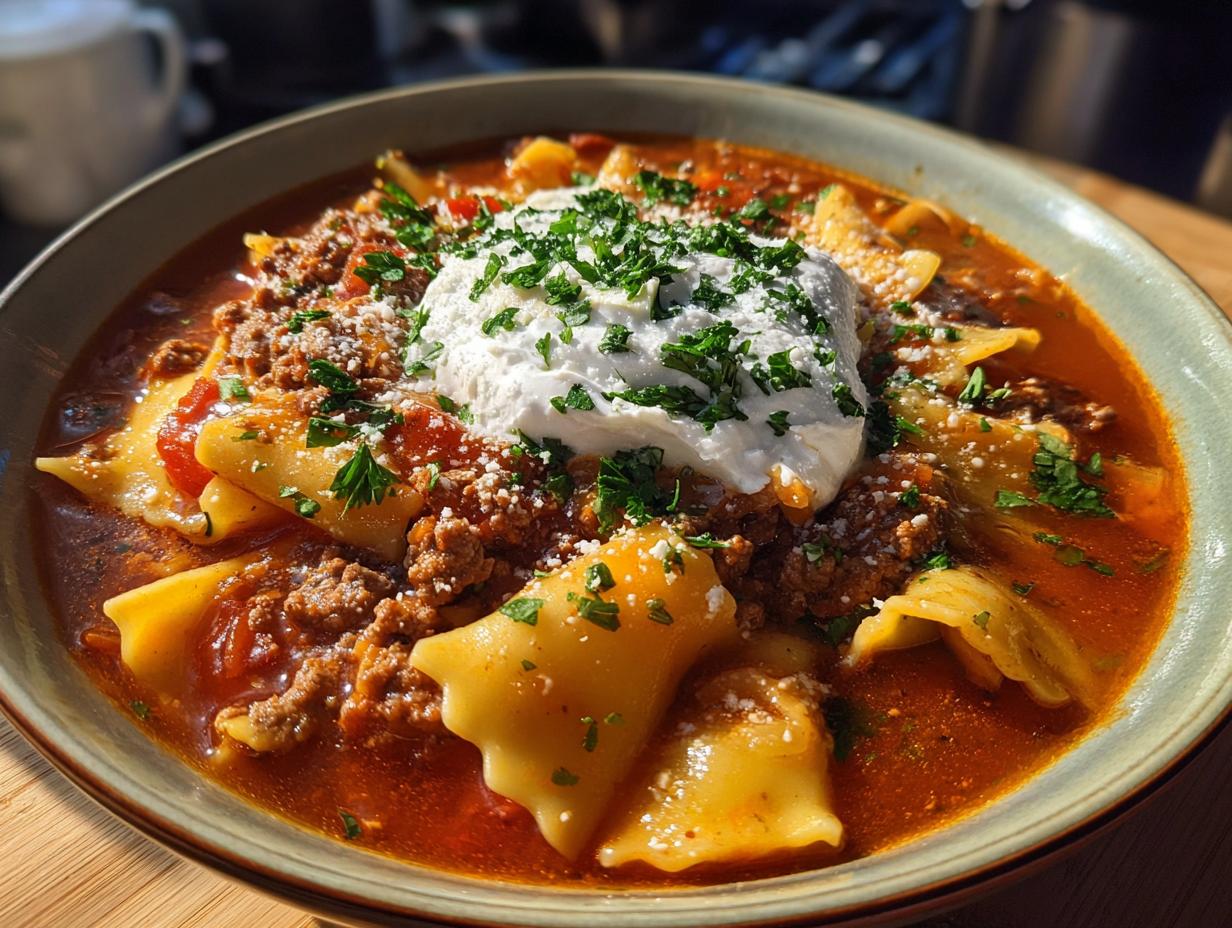 A bowl of classic lasagna soup with pasta, ground meat, rich tomato broth, and a dollop of ricotta cheese topped with parsley.