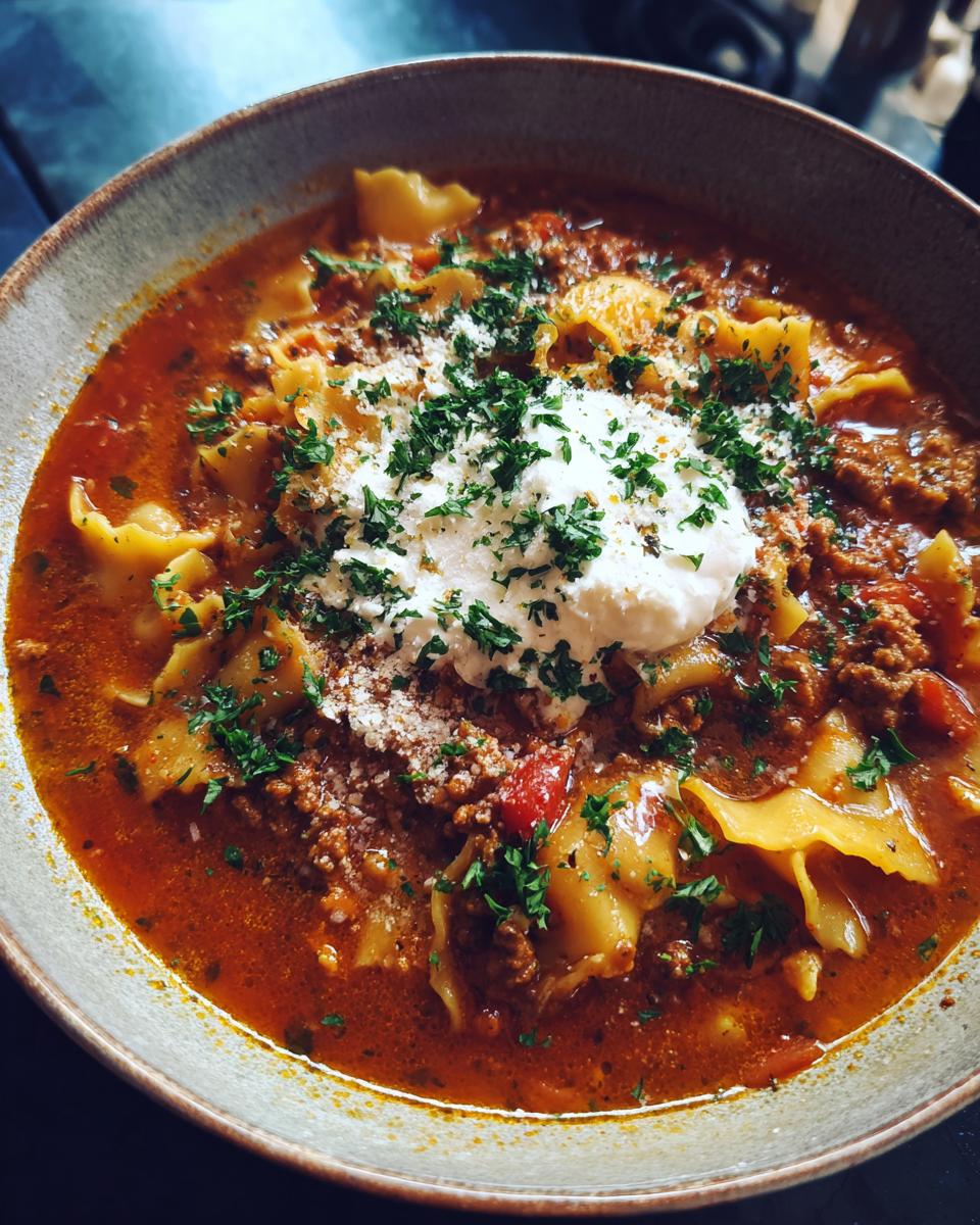 A comforting bowl of Classic Lasagna Soup, featuring pasta, rich meat sauce, and a dollop of sour cream topped with parsley.