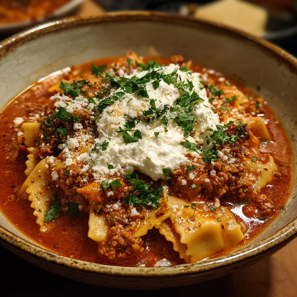 A comforting bowl of Classic Lasagna Soup with pasta, rich meat sauce, and a dollop of ricotta cheese, garnished with parsley.