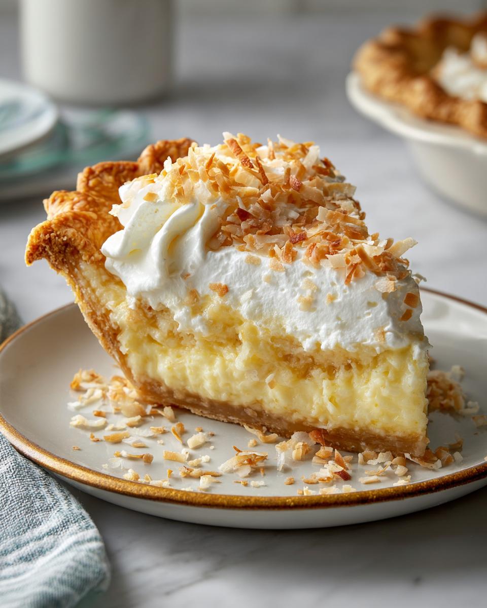 A delicious slice of coconut cream pie, topped with whipped cream and toasted coconut flakes, perfect for holiday dessert recipes.