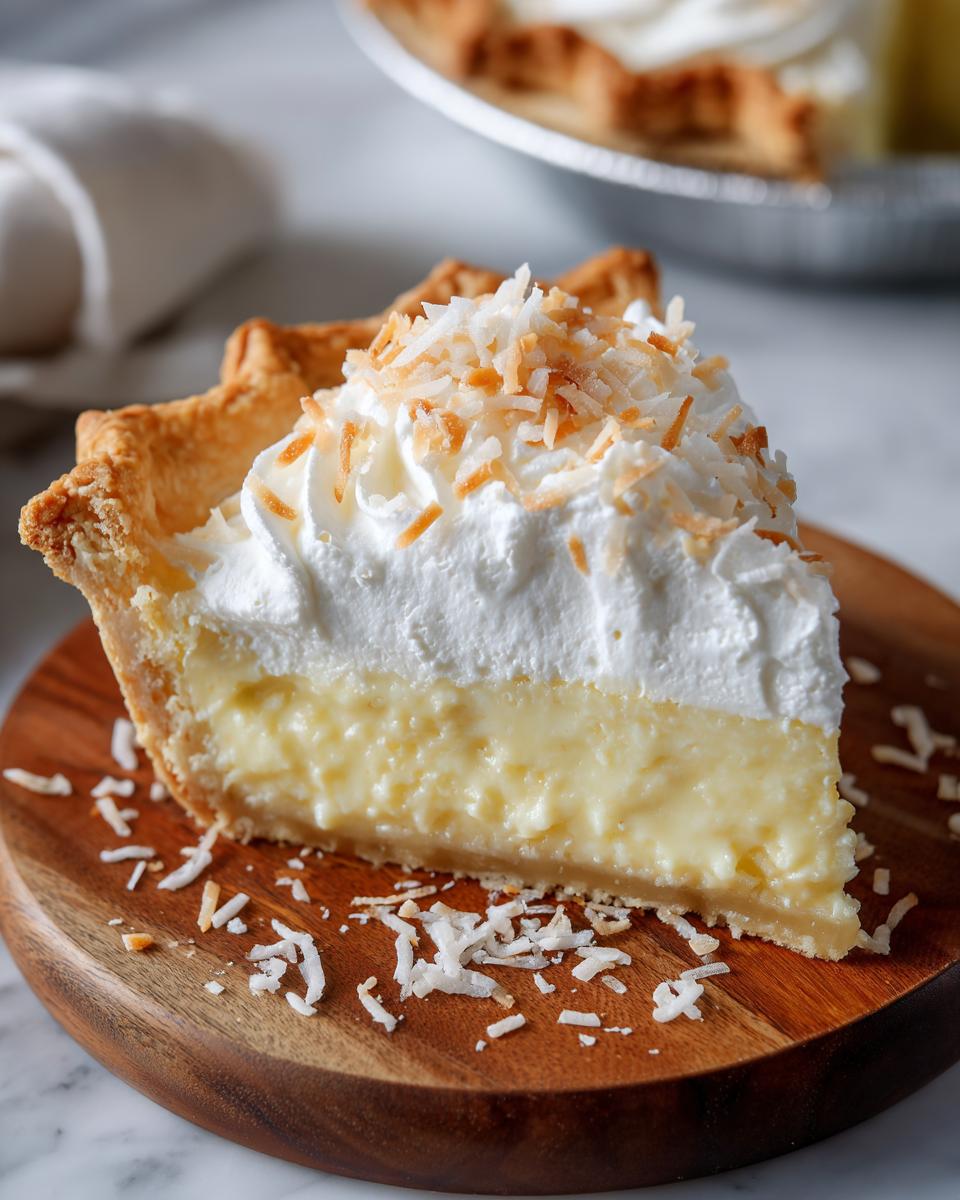 A delicious slice of coconut cream pie, topped with whipped cream and toasted coconut flakes, perfect for holiday tables.