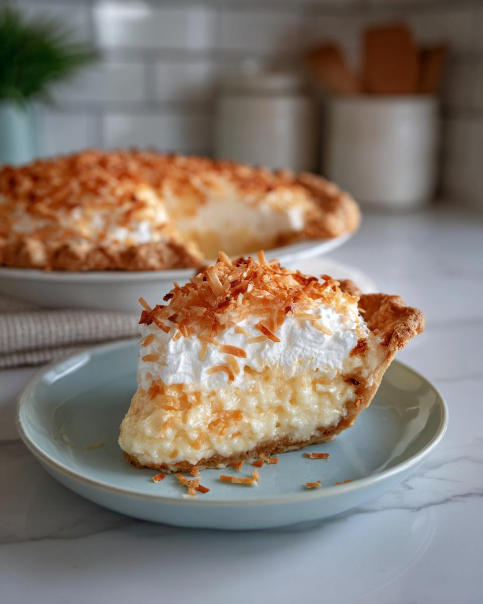 A slice of creamy coconut cream pie topped with whipped cream and toasted coconut flakes.