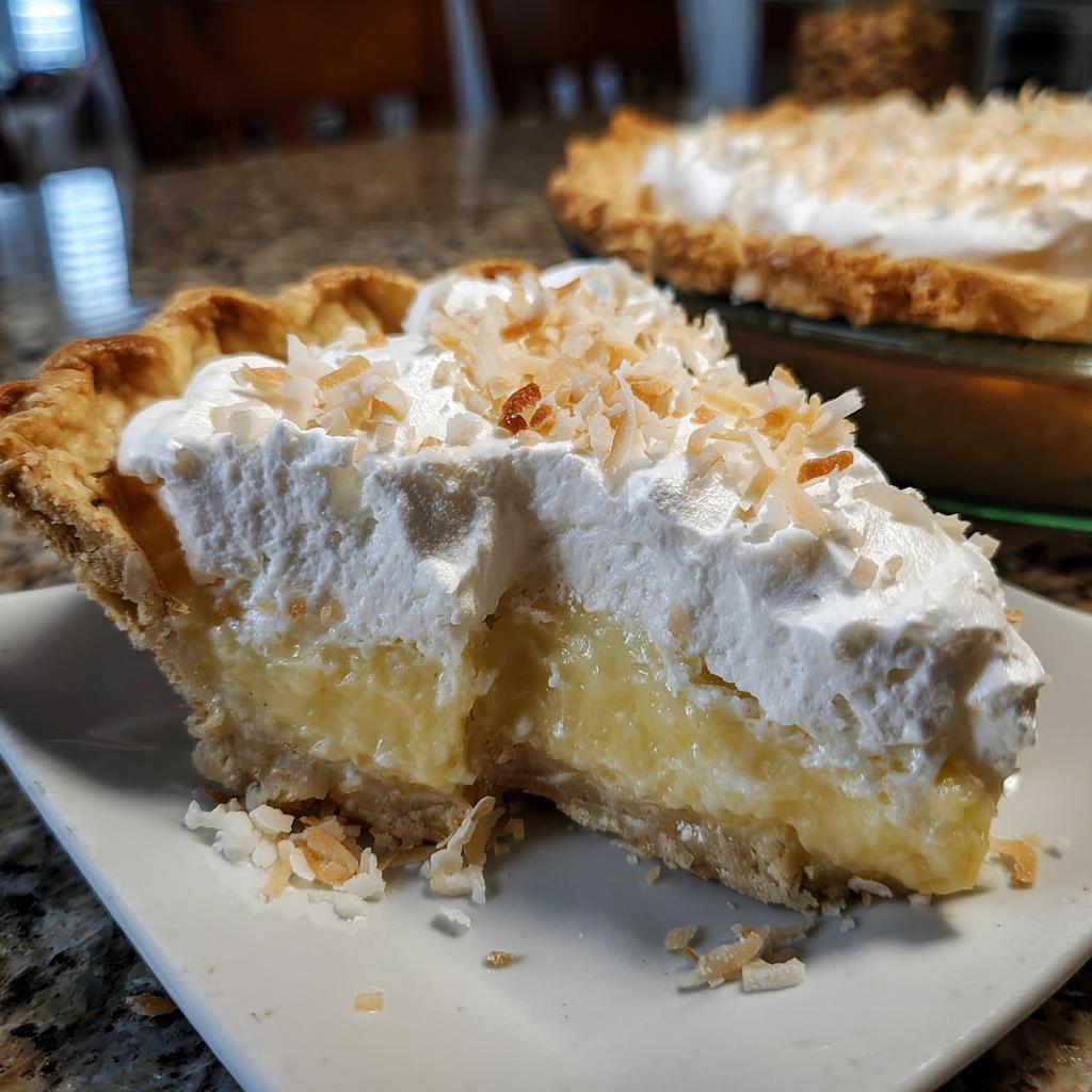 A delicious slice of coconut cream pie, topped with whipped cream and toasted coconut flakes, perfect for holiday dessert recipes.