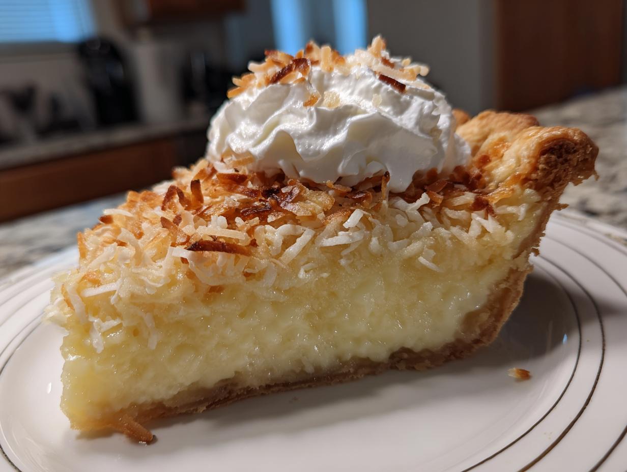 A delicious slice of coconut cream pie, topped with whipped cream and toasted coconut flakes, perfect for dessert recipes.