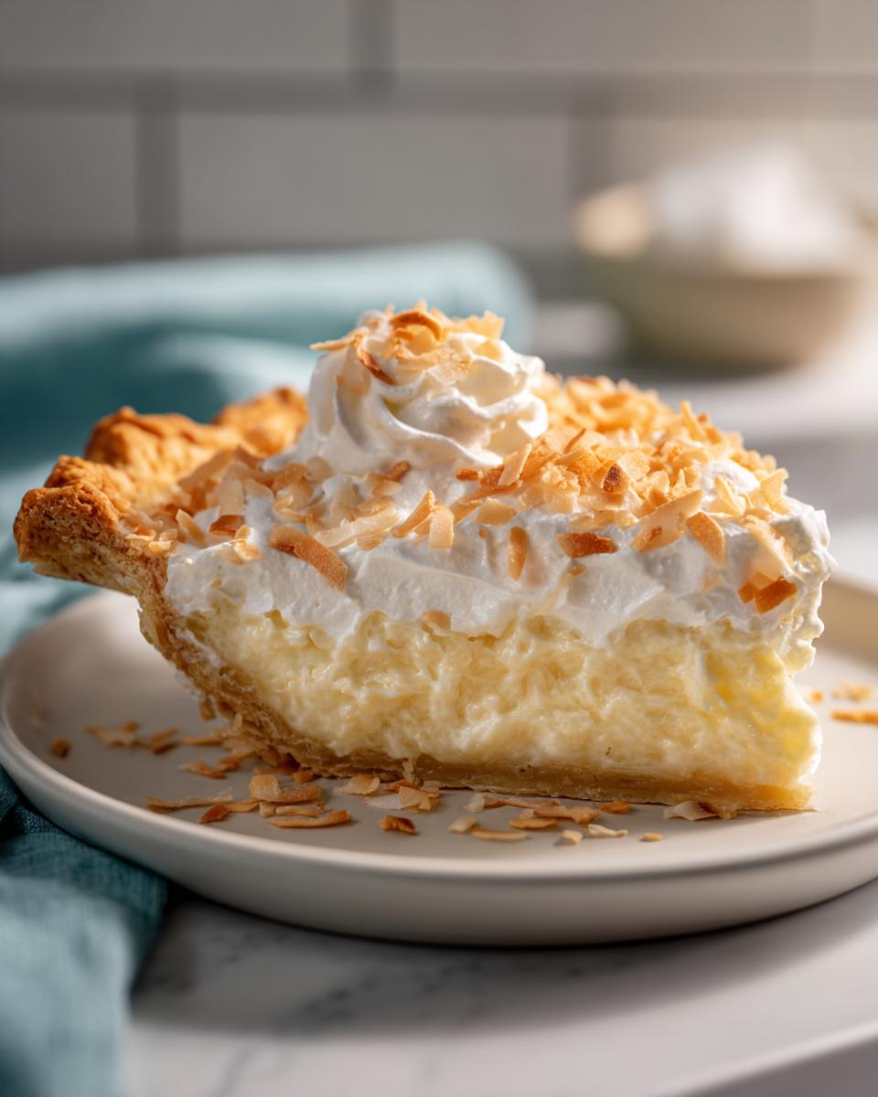 A delicious slice of coconut cream pie, topped with whipped cream and toasted coconut flakes, perfect for holiday tables.