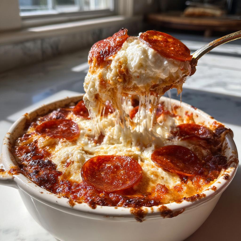 A spoonful of cheesy Cottage Cheese Pizza Bowl with melted mozzarella and pepperoni slices.