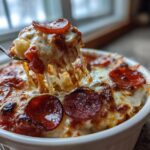 A fork lifting a cheesy bite from a bubbling Cottage Cheese Pizza Bowl topped with pepperoni.