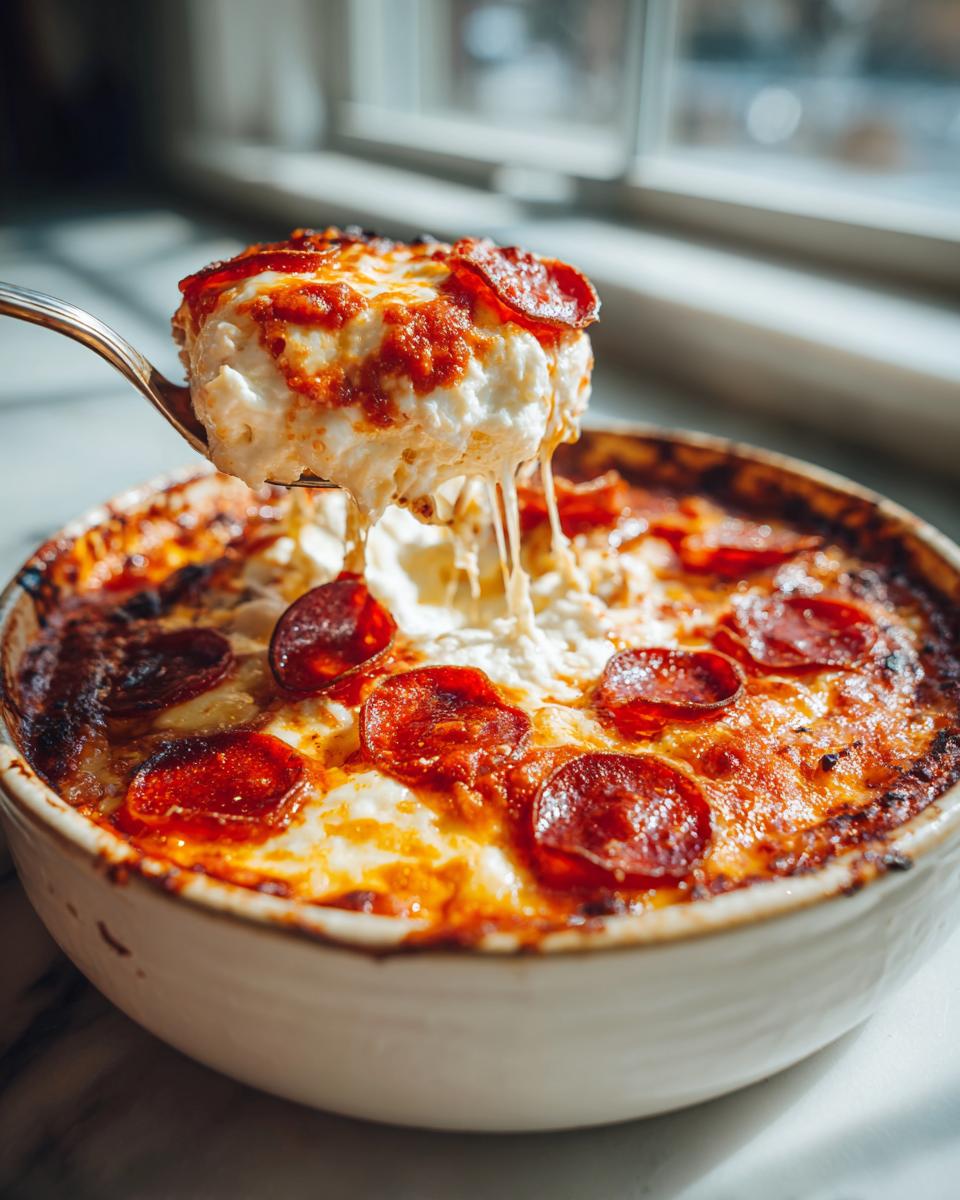 A spoonful of cheesy Cottage Cheese Pizza Bowl with melted mozzarella and pepperoni slices.