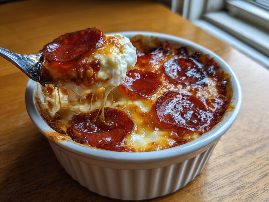A spoonful of cheesy Cottage Cheese Pizza Bowl with melted cheese and pepperoni.