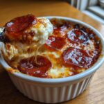 A spoonful of cheesy Cottage Cheese Pizza Bowl with melted cheese and pepperoni.