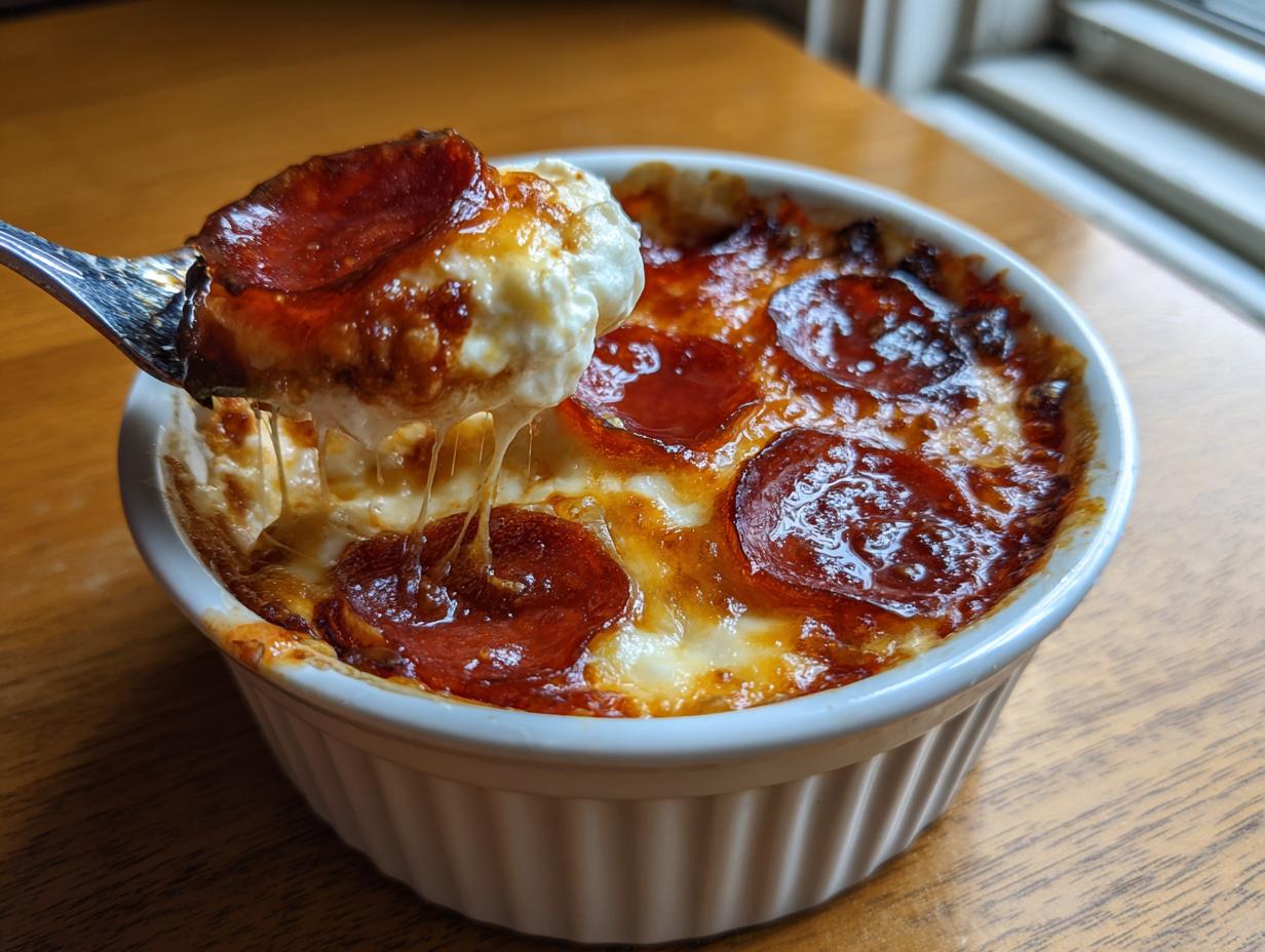 A spoonful of cheesy Cottage Cheese Pizza Bowl with melted cheese and pepperoni.
