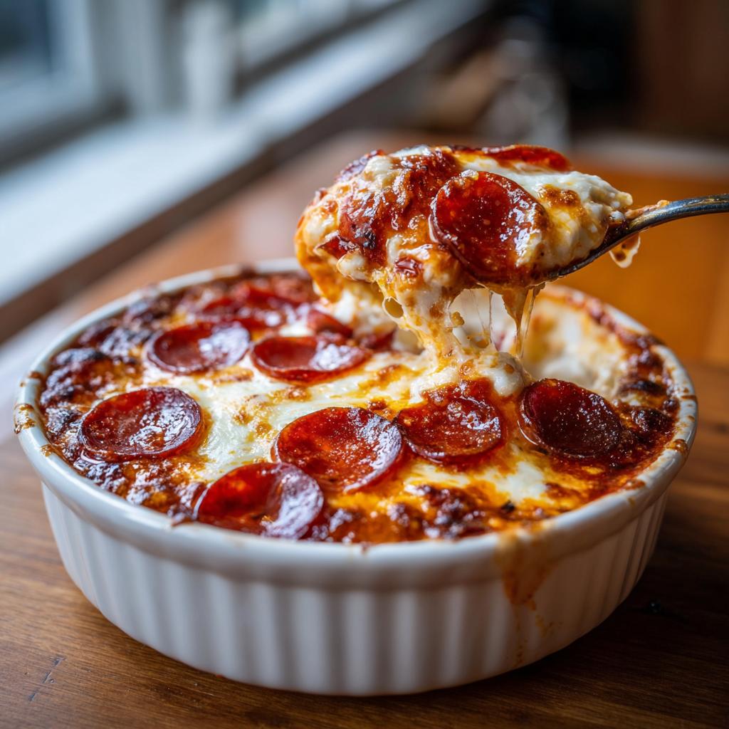 A spoonful of cheesy Cottage Cheese Pizza Bowl topped with pepperoni, showing melted cheese strings.