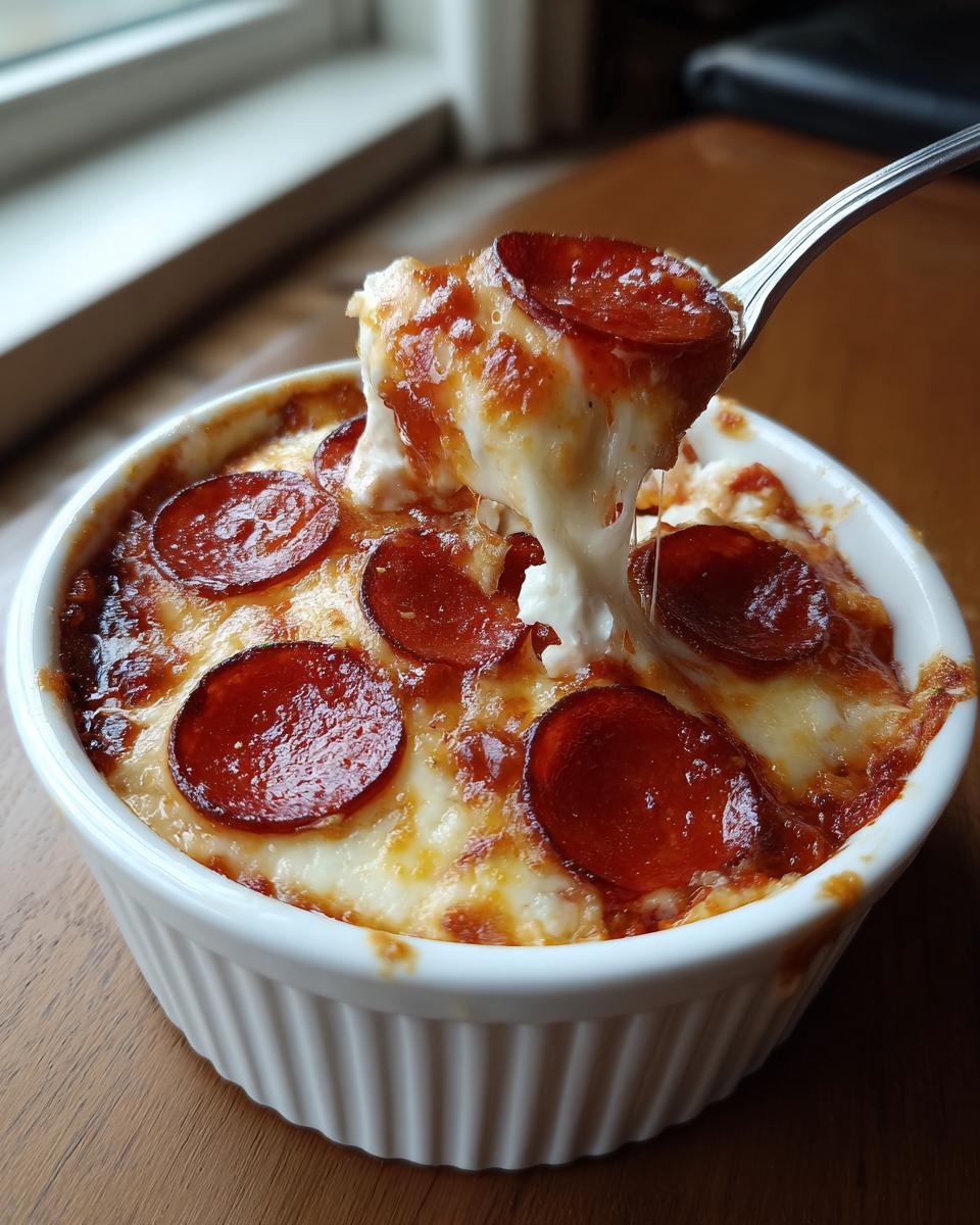 A fork lifting a cheesy bite from a Cottage Cheese Pizza Bowl topped with pepperoni and bubbling cheese.