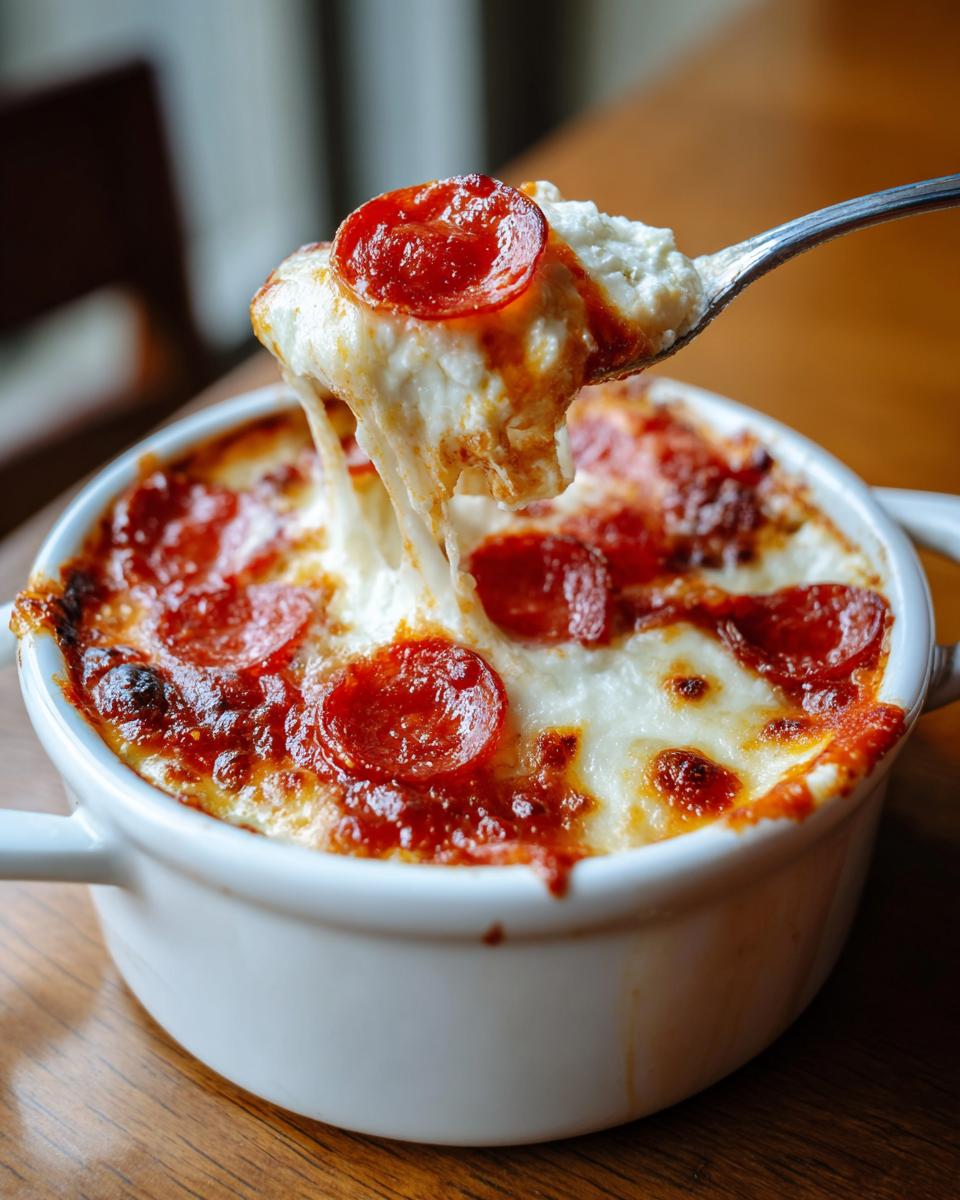A spoonful of cheesy Cottage Cheese Pizza Bowl topped with pepperoni and melted cheese.