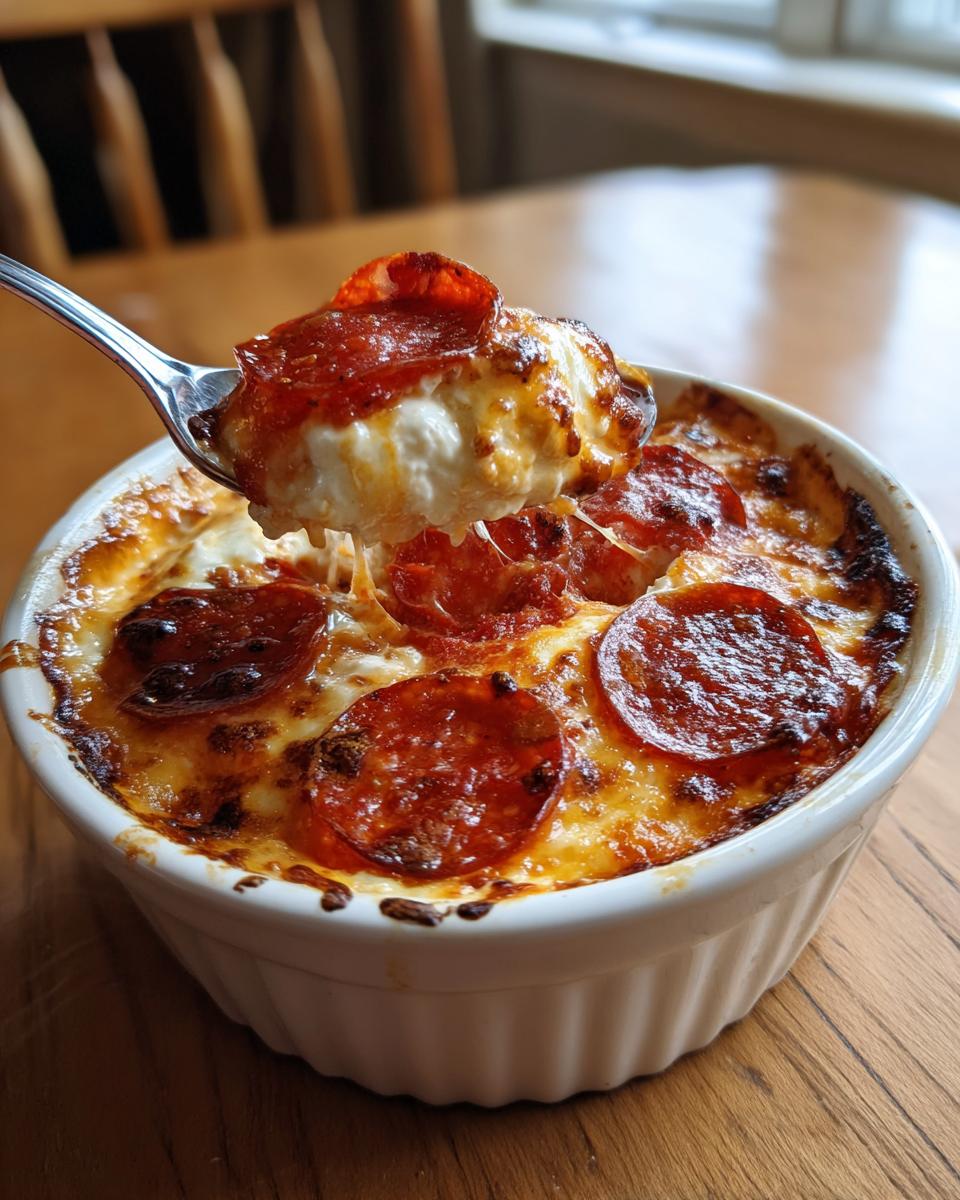 A spoonful of bubbling Cottage Cheese Pizza Bowl, topped with melted cheese and pepperoni slices.