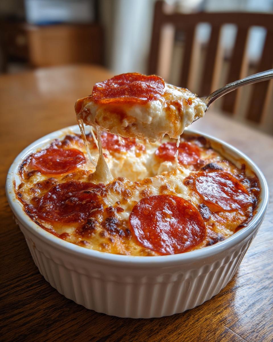 A spoonful of cheesy Cottage Cheese Pizza Bowl topped with pepperoni, showing melted cheese strings.