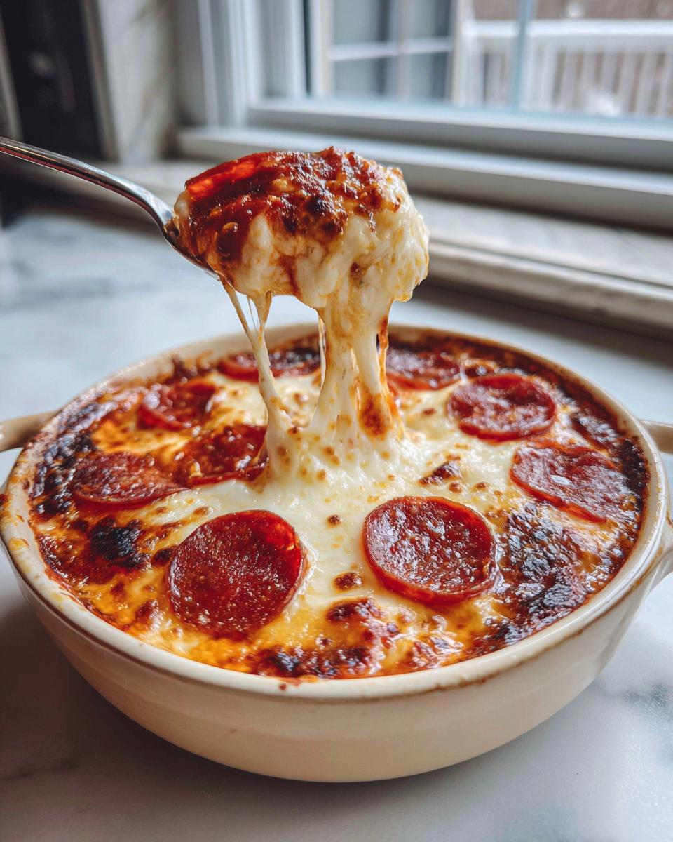 A spoonful of gooey cheese being lifted from a baked Cottage Cheese Pizza Bowl topped with pepperoni.