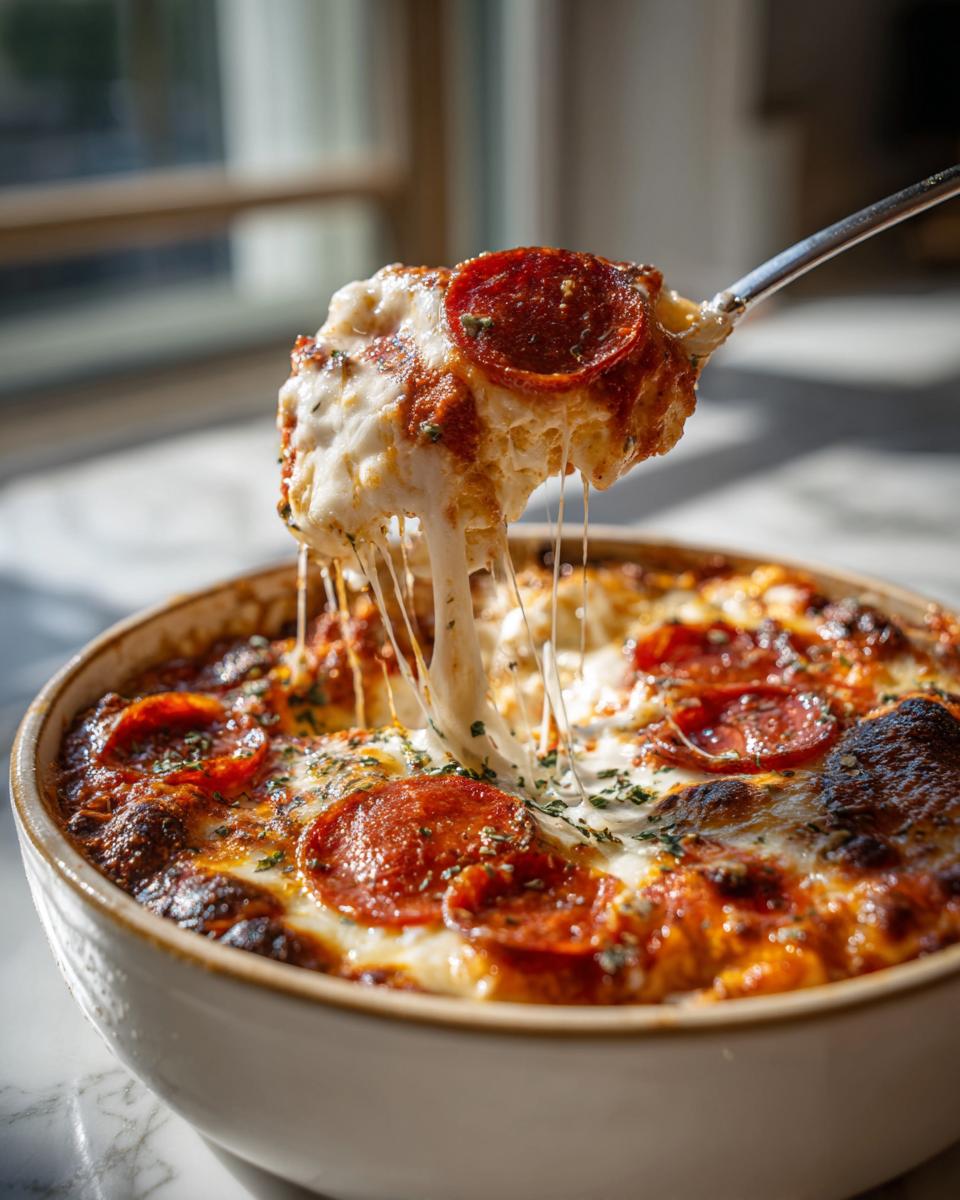 A spoonful of bubbly Cottage Cheese Pizza Bowl, loaded with melted cheese and pepperoni slices.