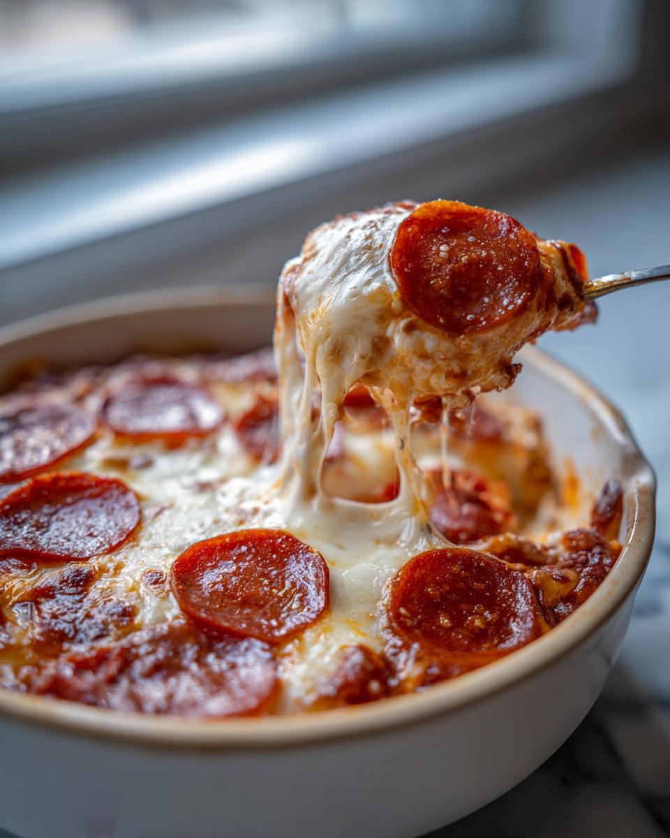A spoonful of gooey, cheesy Cottage Cheese Pizza Bowl topped with pepperoni, showing melted cheese strings.
