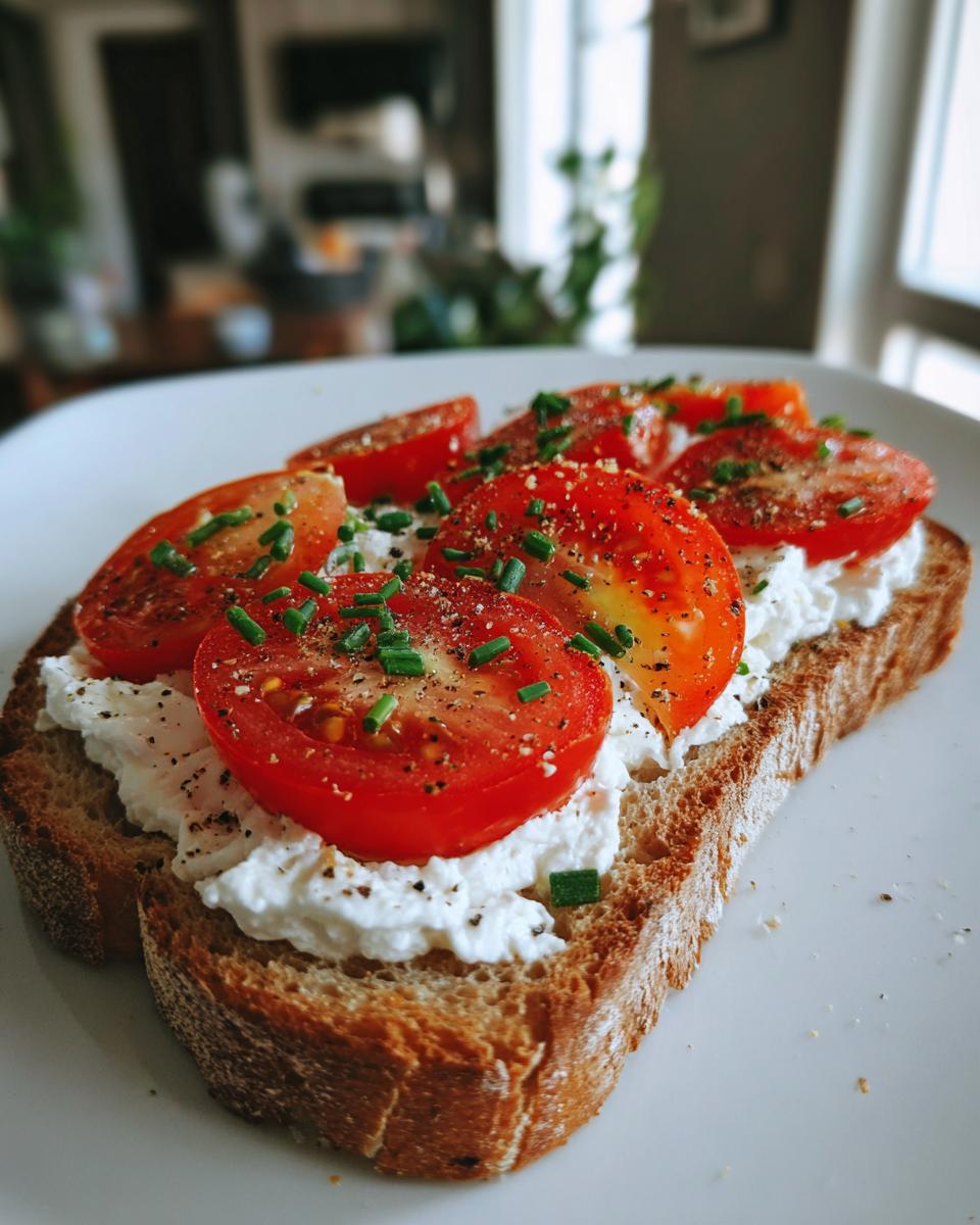 A slice of whole wheat toast topped with creamy cottage cheese, fresh tomato slices, and chives. A healthy lunch idea.
