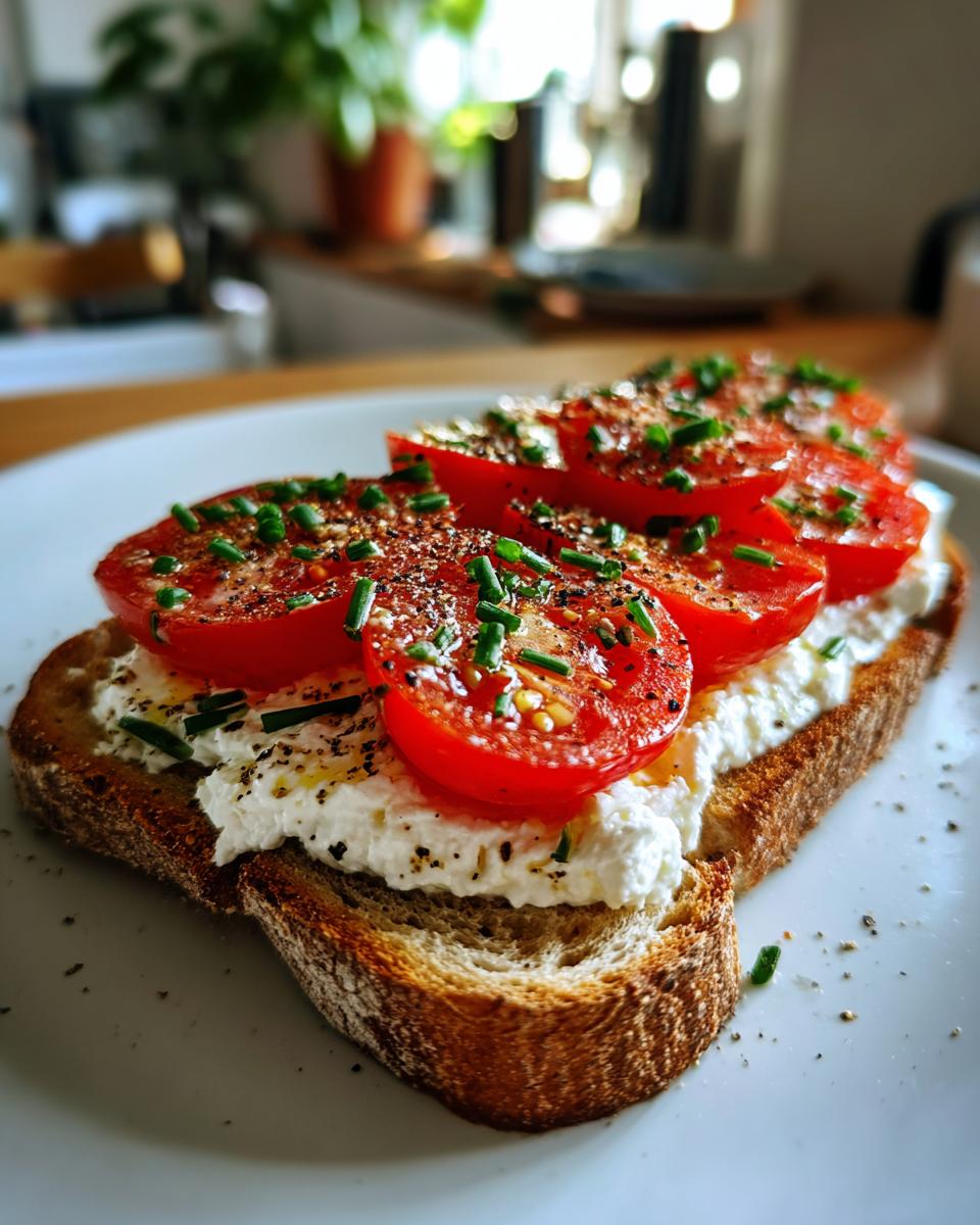 A slice of toasted whole wheat bread topped with creamy cottage cheese, sliced tomatoes, chives, and cracked pepper.