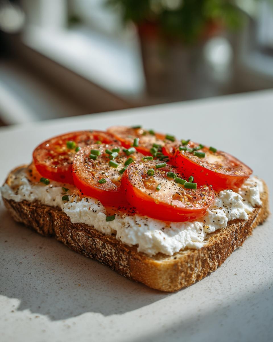 A slice of whole-wheat toast topped with cottage cheese, sliced tomatoes, chives, and black pepper. A healthy lunch idea.