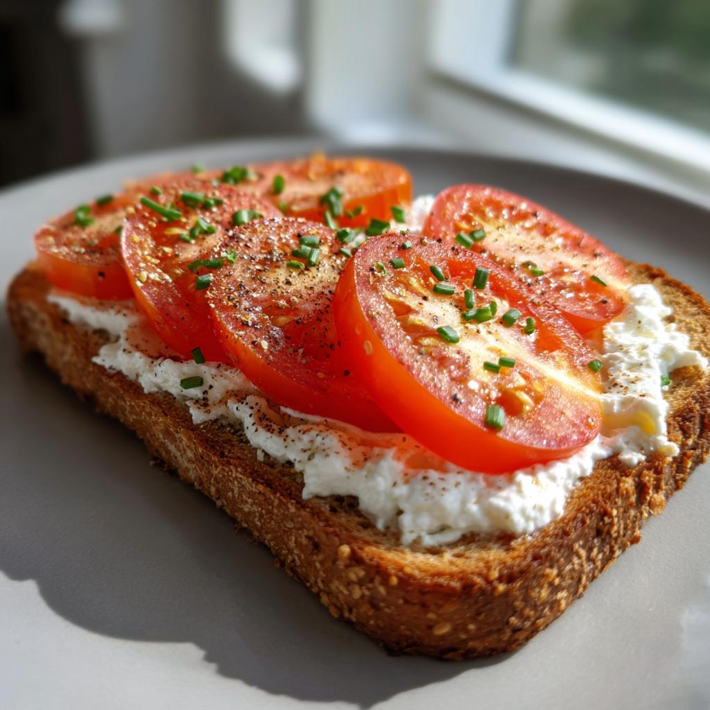 A slice of whole-grain toast topped with creamy cottage cheese, fresh tomato slices, and chives. Healthy lunch idea.