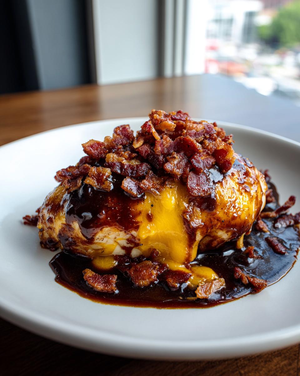 A close-up of Cowboy BBQ Bacon Cheddar Chicken, topped with melted cheddar cheese and crispy bacon bits, drizzled with BBQ sauce.