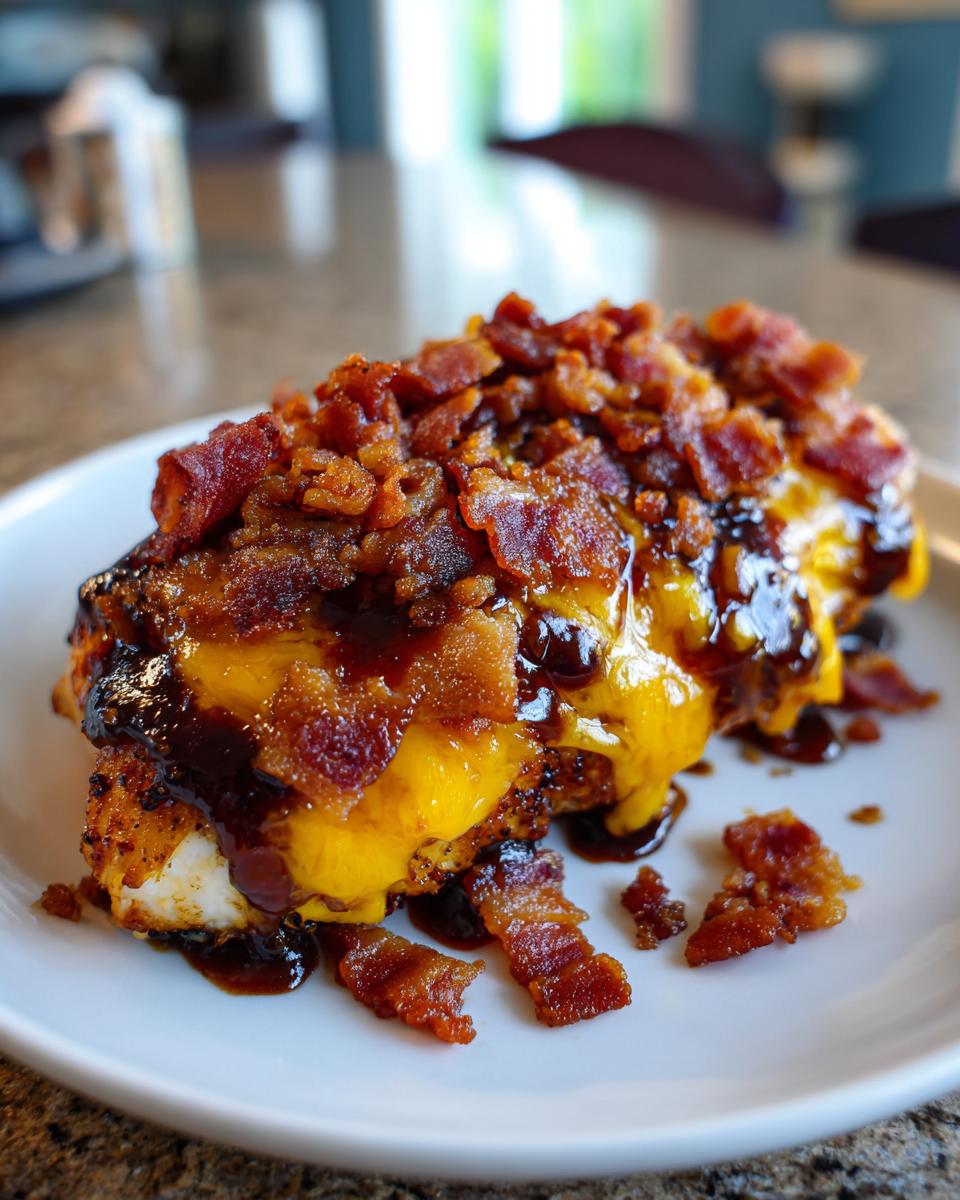 Close-up of Cowboy BBQ Bacon Cheddar Chicken topped with melted cheddar cheese and crispy bacon.