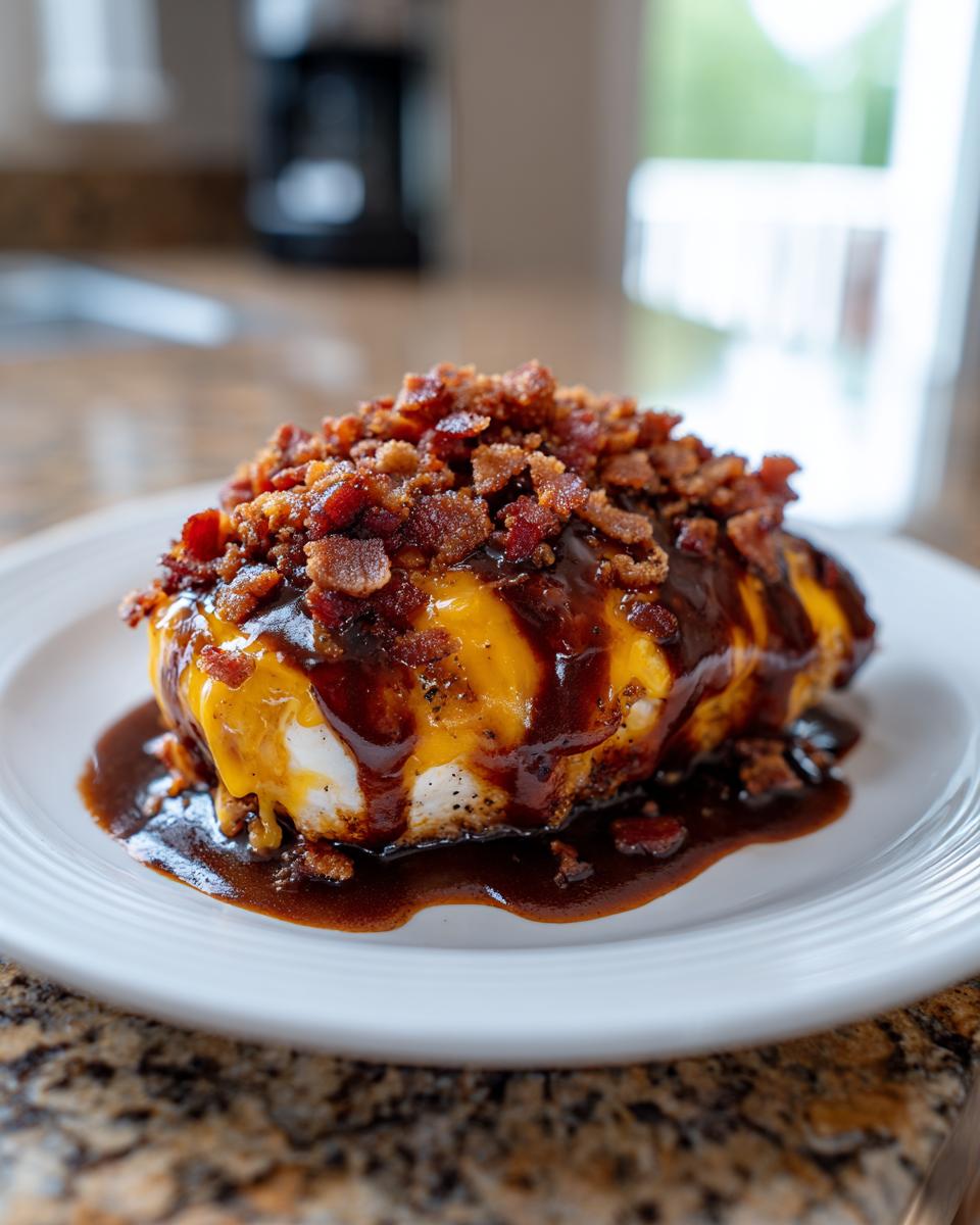 A delicious Cowboy BBQ Bacon Cheddar Chicken breast topped with melted cheddar cheese, BBQ sauce, and crispy bacon bits.