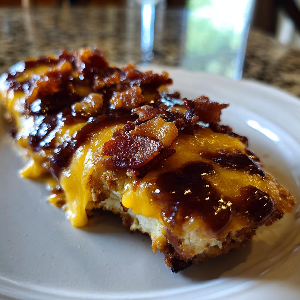 A mouthwatering slice of Cowboy BBQ Bacon Cheddar Chicken, topped with melted cheddar cheese, crispy bacon, and BBQ sauce.