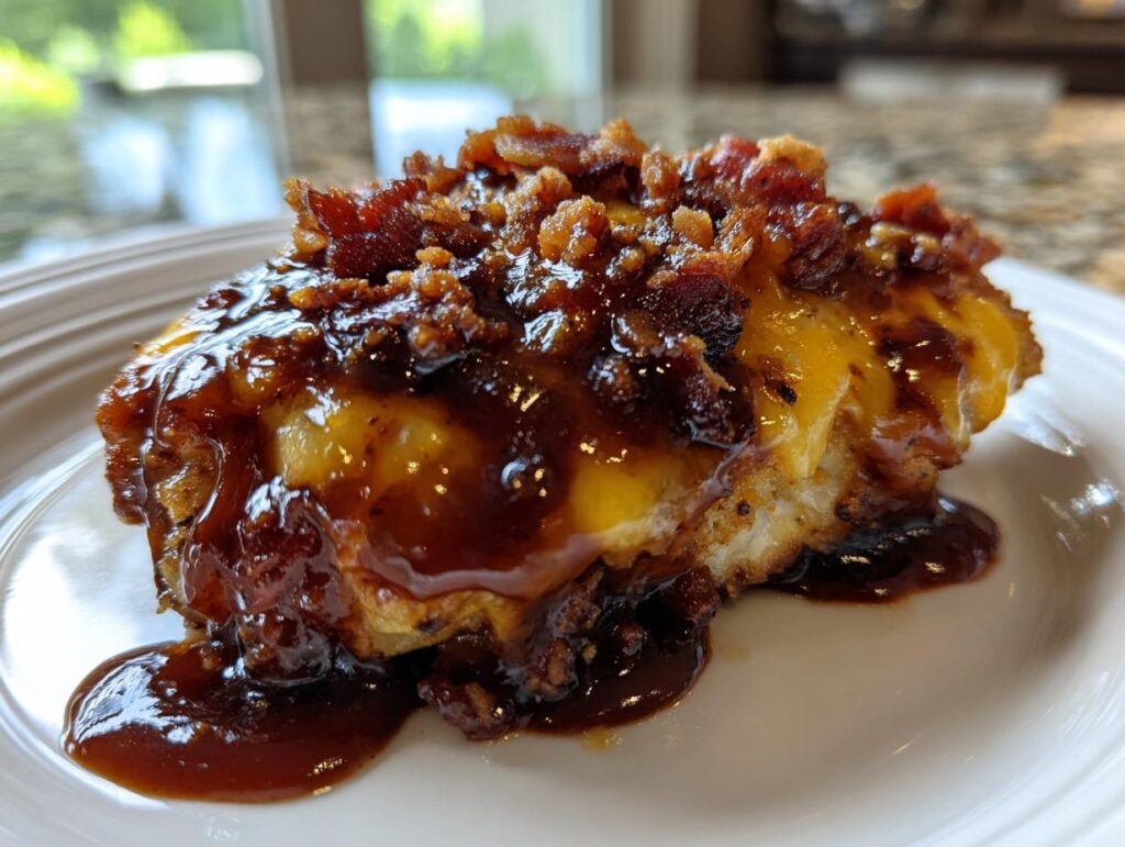A delicious slice of Cowboy BBQ Bacon Cheddar Chicken, topped with melted cheddar cheese, crispy bacon, and BBQ sauce.