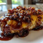 A delicious slice of Cowboy BBQ Bacon Cheddar Chicken, topped with melted cheddar cheese, crispy bacon, and BBQ sauce.