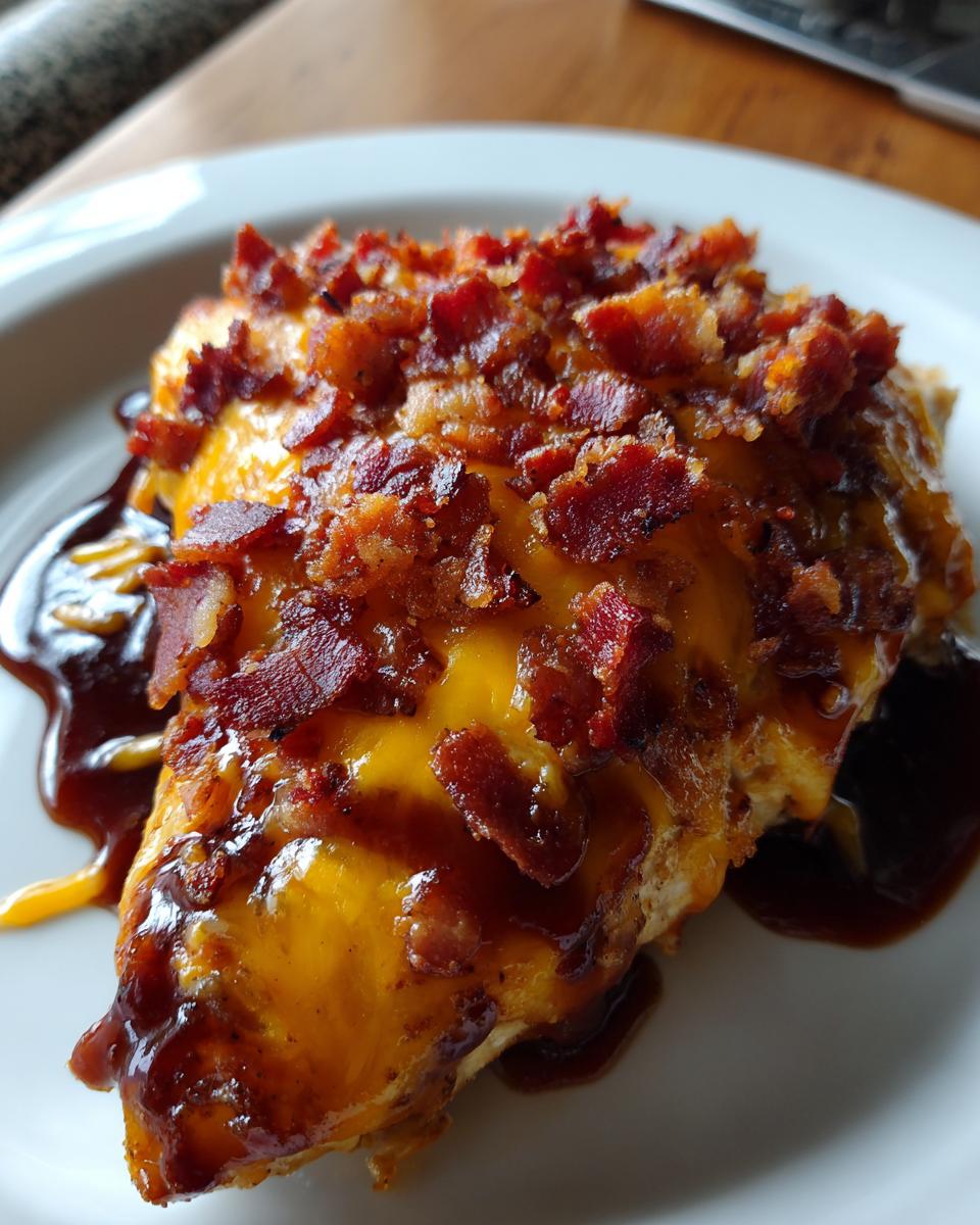 A close-up of Cowboy BBQ Bacon Cheddar Chicken, topped with melted cheddar cheese and crispy bacon bits, drizzled with BBQ sauce.