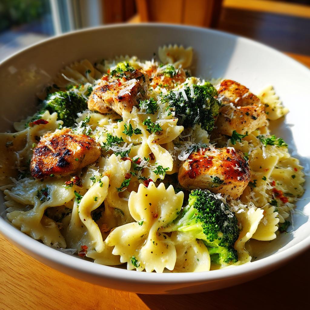 A bowl of Cowboy Butter Lemon Bowtie Chicken Pasta with Broccoli, topped with grilled chicken pieces and fresh parsley.