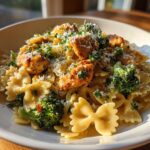 A close-up of Cowboy Butter Lemon Bowtie Chicken Pasta with Broccoli, garnished with parsley and parmesan.