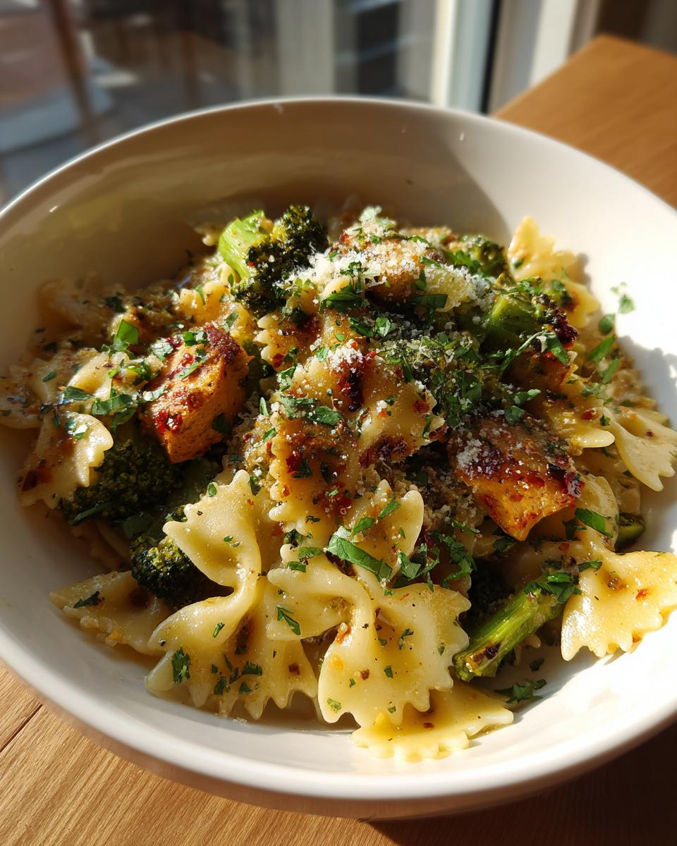 A bowl of Cowboy Butter Lemon Bowtie Chicken Pasta with Broccoli, garnished with parsley and parmesan cheese.