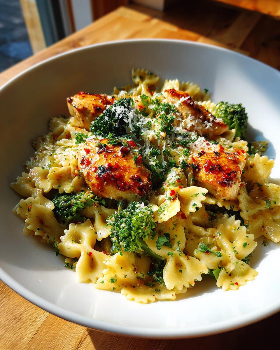 A bowl of Cowboy Butter Lemon Bowtie Chicken Pasta with Broccoli, topped with grilled chicken and fresh parsley.