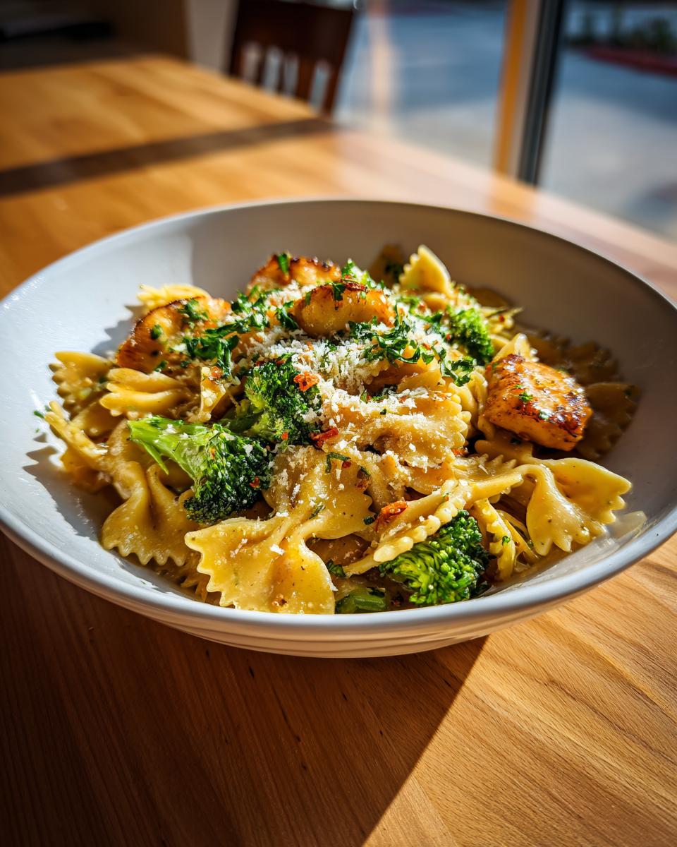 A bowl of Cowboy Butter Lemon Bowtie Chicken Pasta with Broccoli, topped with parsley and cheese.