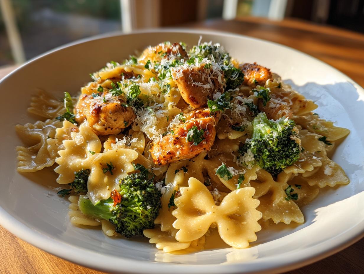 A close-up of Cowboy Butter Lemon Bowtie Chicken Pasta with Broccoli, garnished with parsley and parmesan.